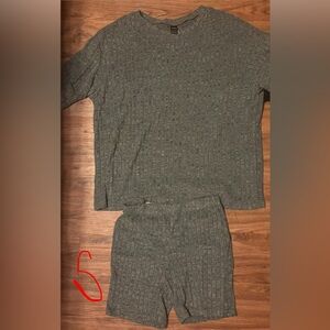 Green Ribbed Knit Shirt and Pants Two Piece Set